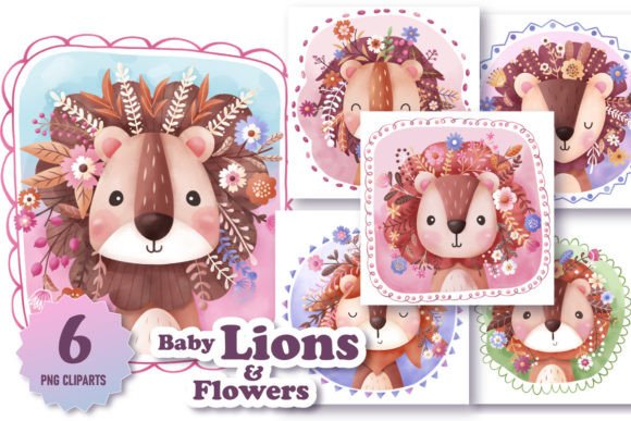 Download Cute Baby Lions &amp; Flowers Illustrations - Cute Collection